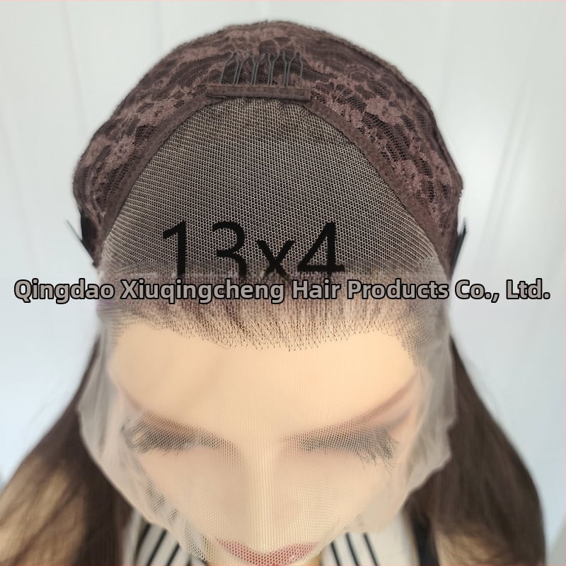 Perucă cu dantelă frontală 13x4, păr lung drept, fibre rezistente la temperatură, model Xqc-613