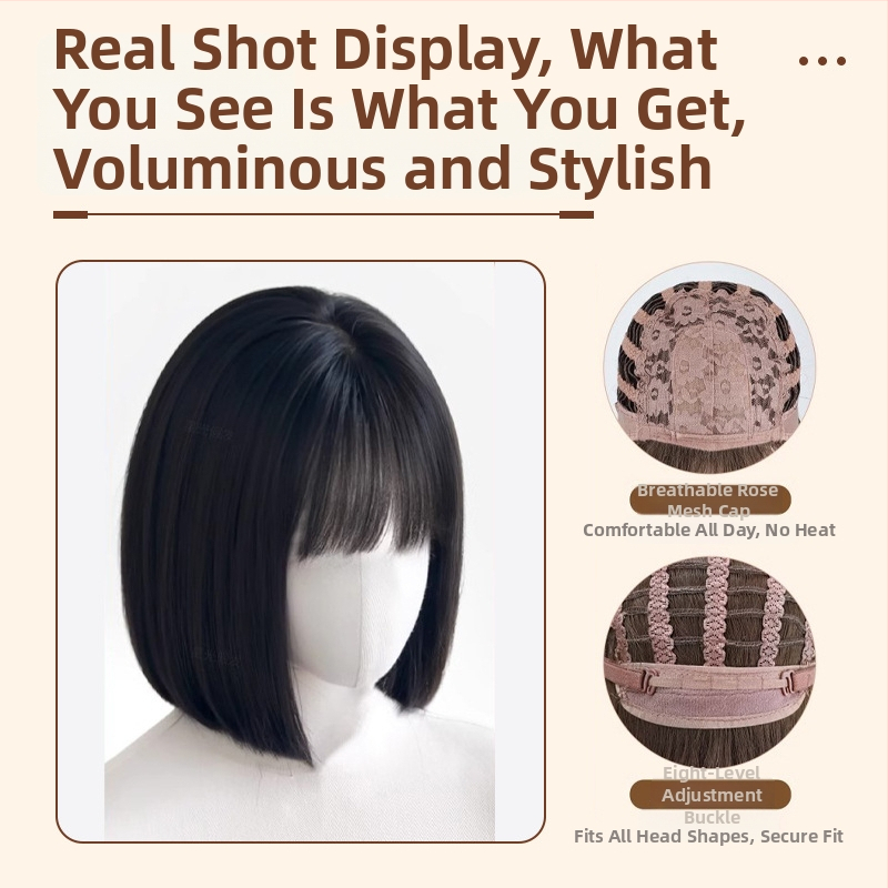 Perucă pentru femei, păr scurt drept, model A-03, fire rezistente la temperaturi înalte, mecanism de fabricație, breton drept sau înclinat