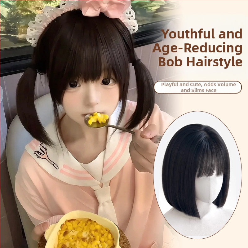 Perucă pentru femei, păr scurt drept, model A-03, fire rezistente la temperaturi înalte, mecanism de fabricație, breton drept sau înclinat