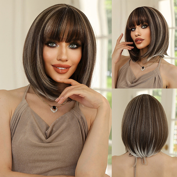 Perucă pentru femei, păr scurt drept, mătase rezistentă la temperaturi înalte, construcție cu mecanism