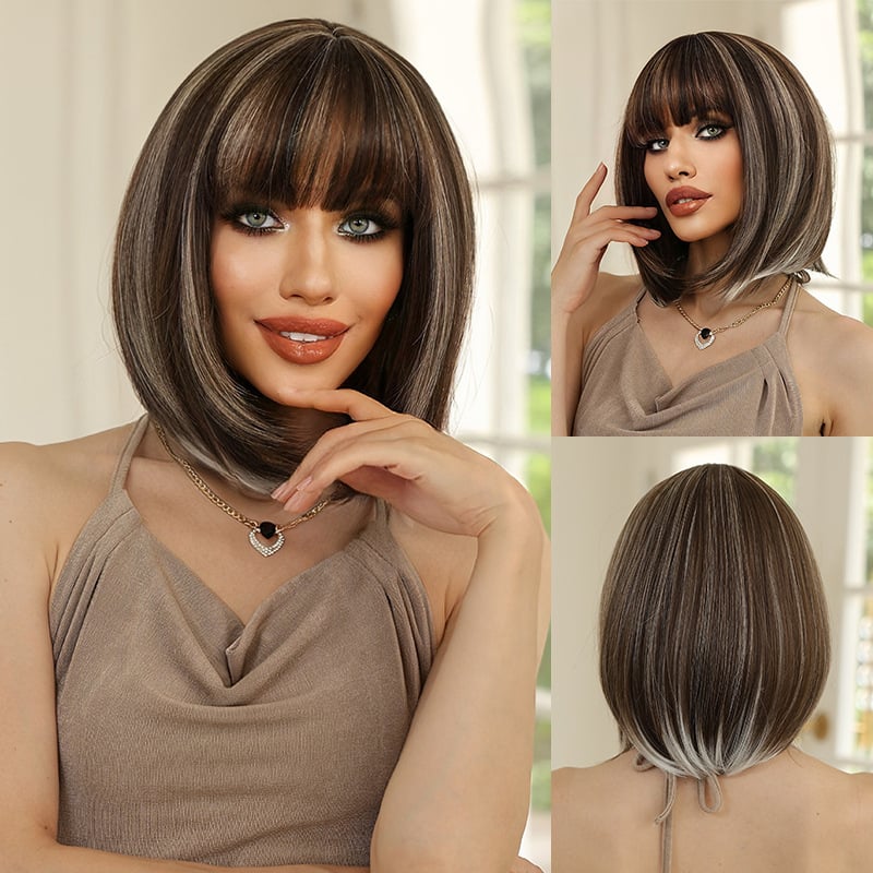 Perucă pentru femei, păr scurt drept, mătase rezistentă la temperaturi înalte, construcție cu mecanism
