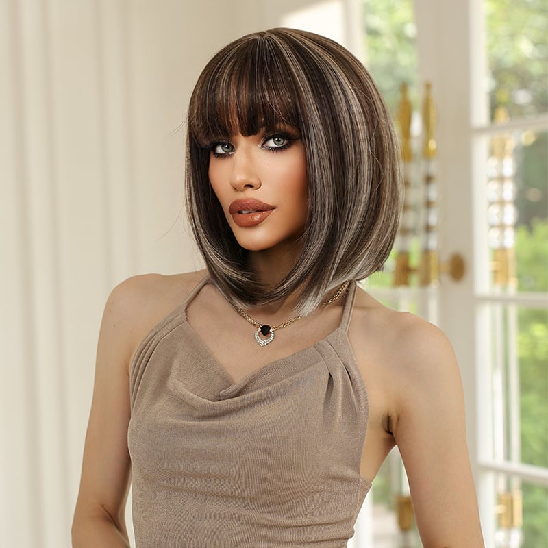 Perucă pentru femei, păr scurt drept, mătase rezistentă la temperaturi înalte, construcție cu mecanism