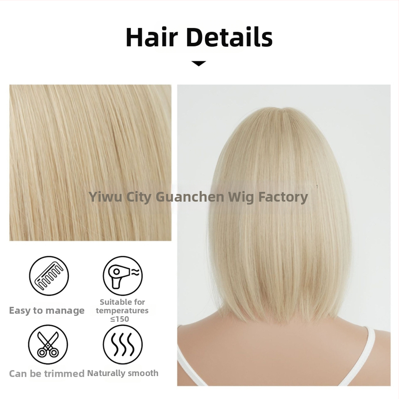 Perucă pentru femei, stil european/american, respirabilă, breton Qi, fibre rezistente la temperatură (poate fi vopsită; poate fi îndreptată)