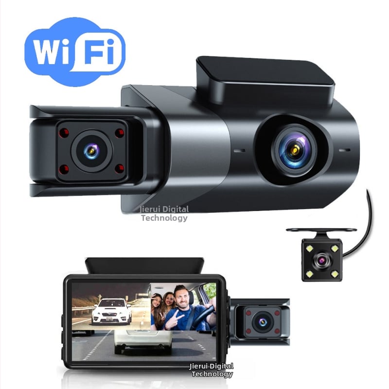 Camera de bord auto cu ecran de 3 inch, viziune de noapte, camere faţă, interior şi spate, 1080p, WiFi