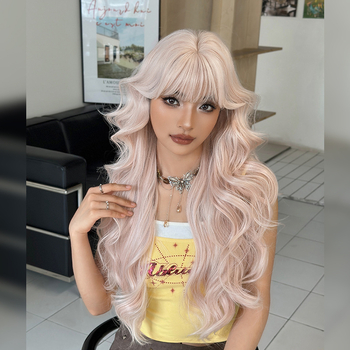 Perucă lungă bucle pentru femei, fibre rezistente la temperatură, modelul C-0506, breton drept sau înclinat, aspect natural și confortabil