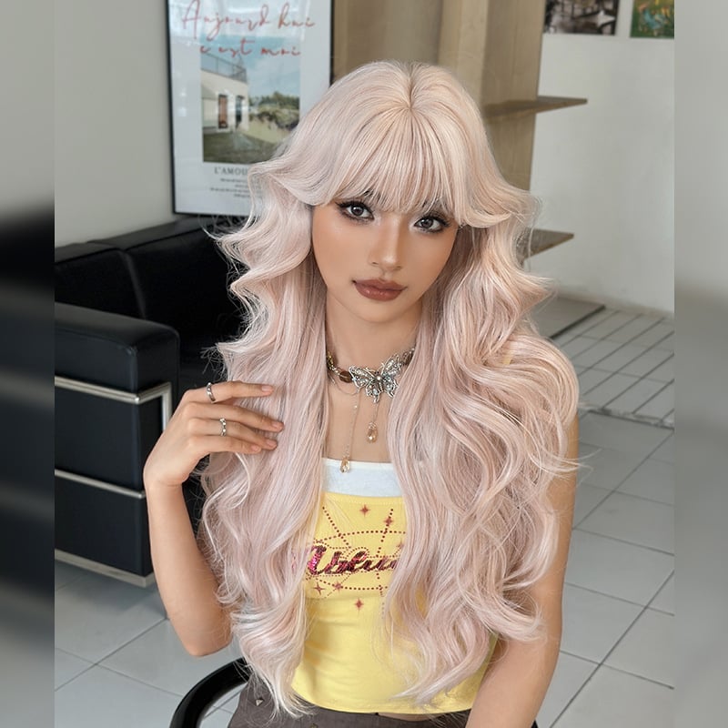 Perucă lungă bucle pentru femei, fibre rezistente la temperatură, modelul C-0506, breton drept sau înclinat, aspect natural și confortabil