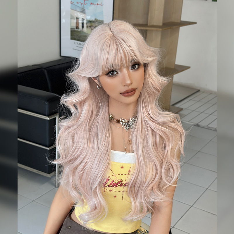 Perucă lungă bucle pentru femei, fibre rezistente la temperatură, modelul C-0506, breton drept sau înclinat, aspect natural și confortabil