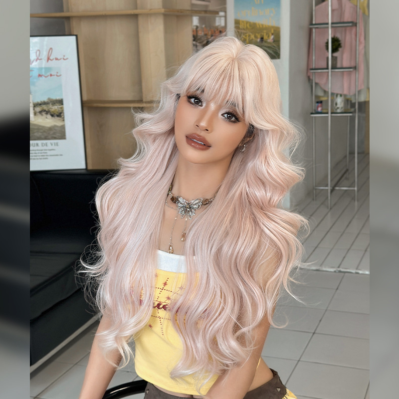 Perucă lungă bucle pentru femei, fibre rezistente la temperatură, modelul C-0506, breton drept sau înclinat, aspect natural și confortabil