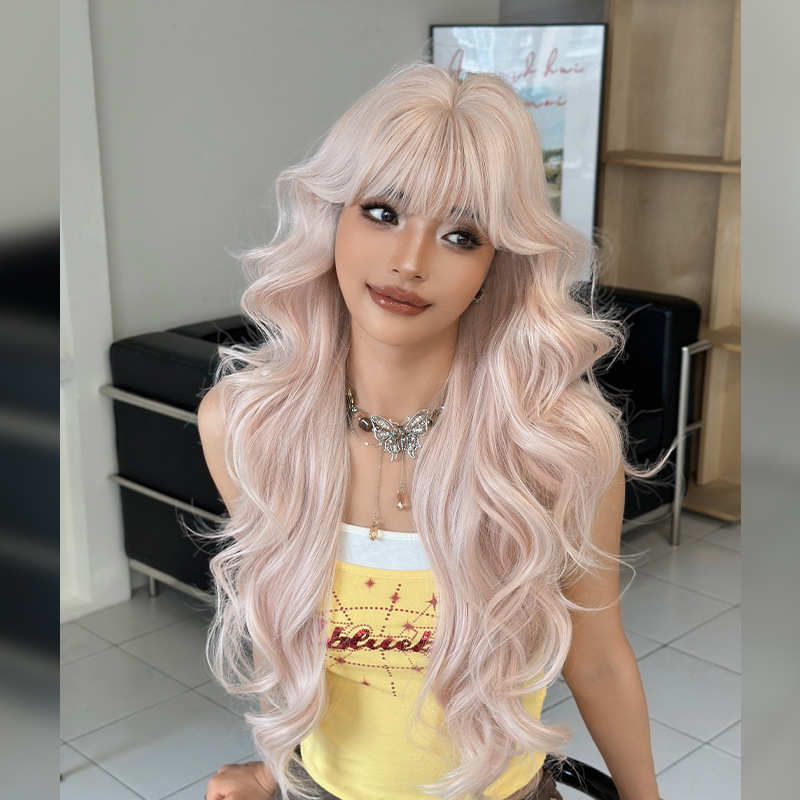 Perucă lungă bucle pentru femei, fibre rezistente la temperatură, modelul C-0506, breton drept sau înclinat, aspect natural și confortabil