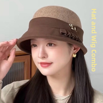 Pălărie-perucă într-o singură piesă, fedora din lână, păr drept până la umeri, sârmă rezistentă la temperatură, fără breton, look natural