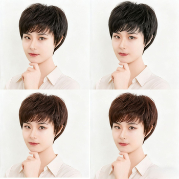 Perucă din păr uman real, scurtă, drept, croită manual, cap complet, acoperire a părului gri