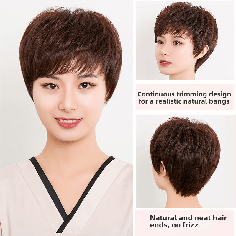 Perucă din păr uman real, scurtă, drept, croită manual, cap complet, acoperire a părului gri