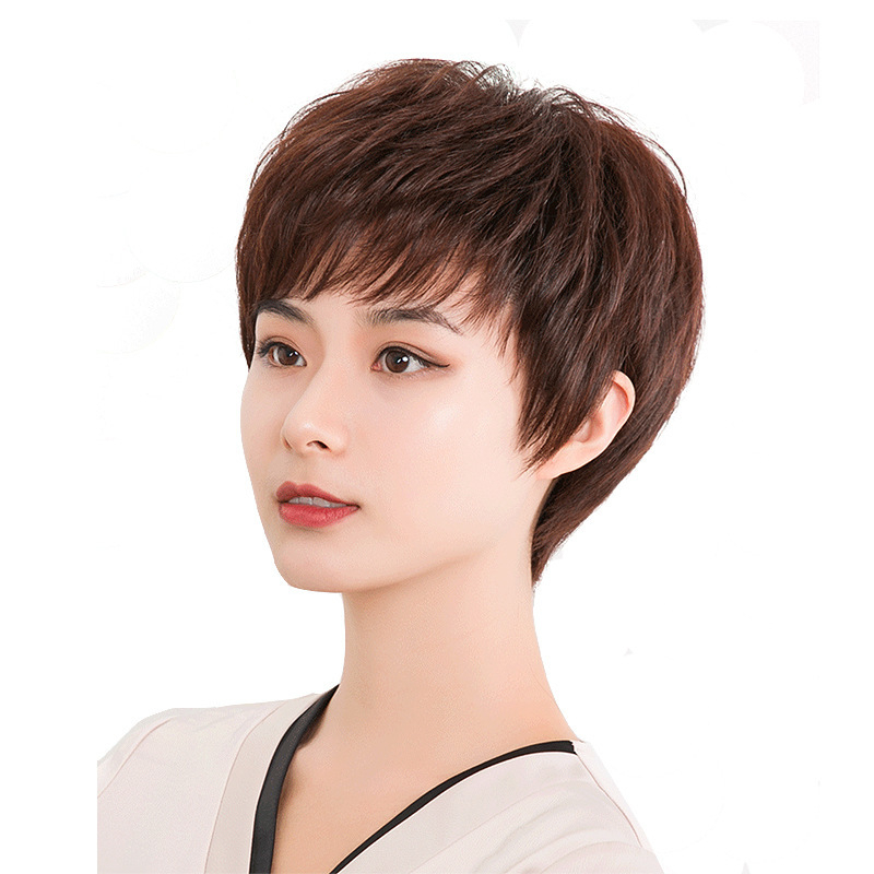 Perucă din păr uman real, scurtă, drept, croită manual, cap complet, acoperire a părului gri