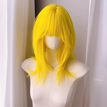 Perucă cu Qi bangs, stratificată, lungime medie, fibre rezistente la temperatură, potrivire universală, ușor de purtat