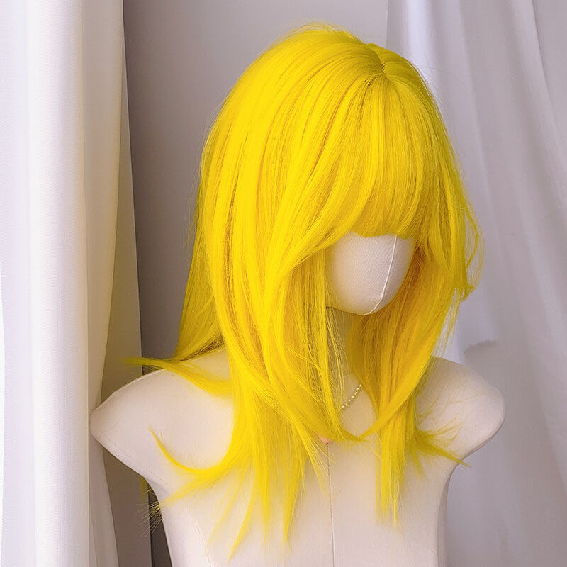 Perucă cu Qi bangs, stratificată, lungime medie, fibre rezistente la temperatură, potrivire universală, ușor de purtat