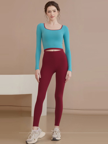 Set de yoga pentru femei – top cu mânecă lungă și guler rotund, material gros din nailon 80% și elastan 20%, echipament de toamnă-iarnă