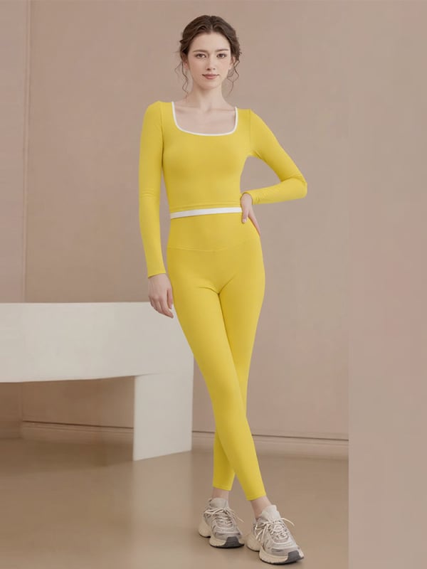 Set de yoga pentru femei – top cu mânecă lungă și guler rotund, material gros din nailon 80% și elastan 20%, echipament de toamnă-iarnă