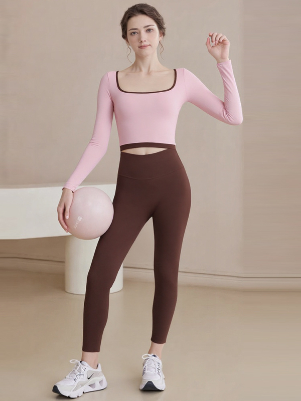 Set de yoga pentru femei – top cu mânecă lungă și guler rotund, material gros din nailon 80% și elastan 20%, echipament de toamnă-iarnă