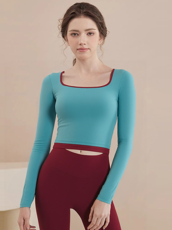 Set de yoga pentru femei – top cu mânecă lungă și guler rotund, material gros din nailon 80% și elastan 20%, echipament de toamnă-iarnă