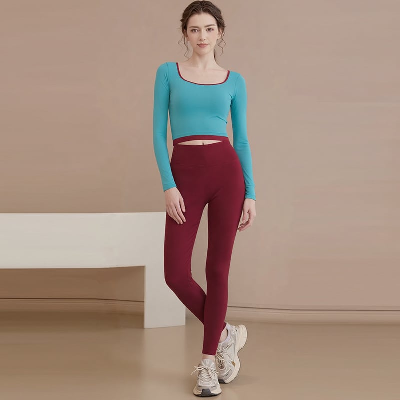 Set de yoga pentru femei – top cu mânecă lungă și guler rotund, material gros din nailon 80% și elastan 20%, echipament de toamnă-iarnă