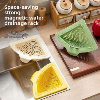 Coș magnetic triunghiular pentru chiuvetă – filtru pentru resturi alimentare, golire cu un singur buton, material PP, 78,6 g