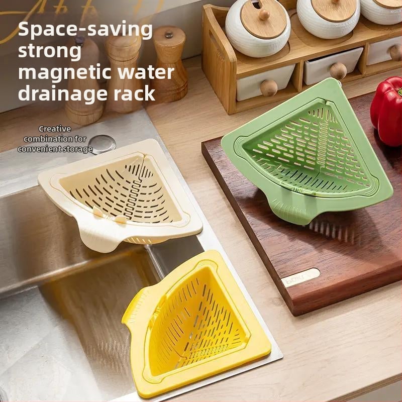 Coș magnetic triunghiular pentru chiuvetă – filtru pentru resturi alimentare, golire cu un singur buton, material PP, 78,6 g