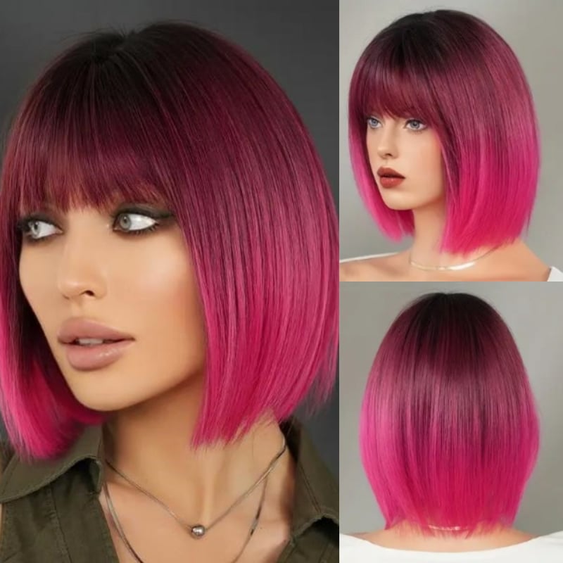 Perucă scurtă dreaptă cu breton - fibră sintetică rezistentă la temperaturi înalte, stil bob, Model Yx154, Tehnologie de procesare mecanică