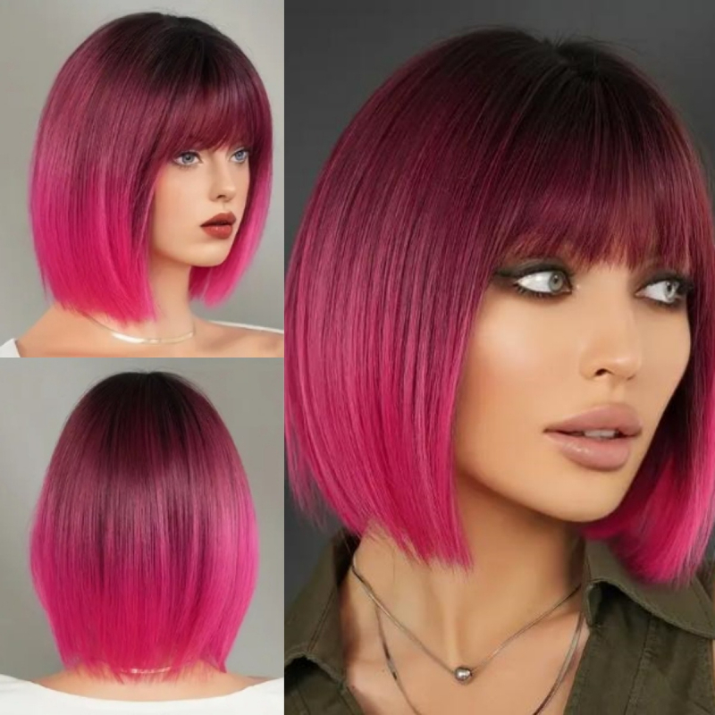 Perucă scurtă dreaptă cu breton - fibră sintetică rezistentă la temperaturi înalte, stil bob, Model Yx154, Tehnologie de procesare mecanică