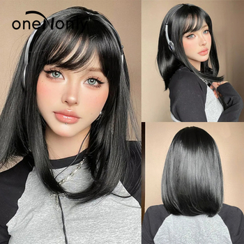 Perucă scurtă cu păr drept, breton diagonal, fibre rezistente la temperatură, acoperire completă a capului, nu poate fi vopsită