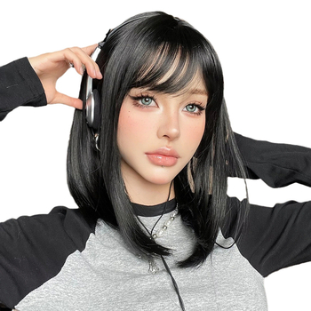 Perucă scurtă cu păr drept, breton diagonal, fibre rezistente la temperatură, acoperire completă a capului, nu poate fi vopsită