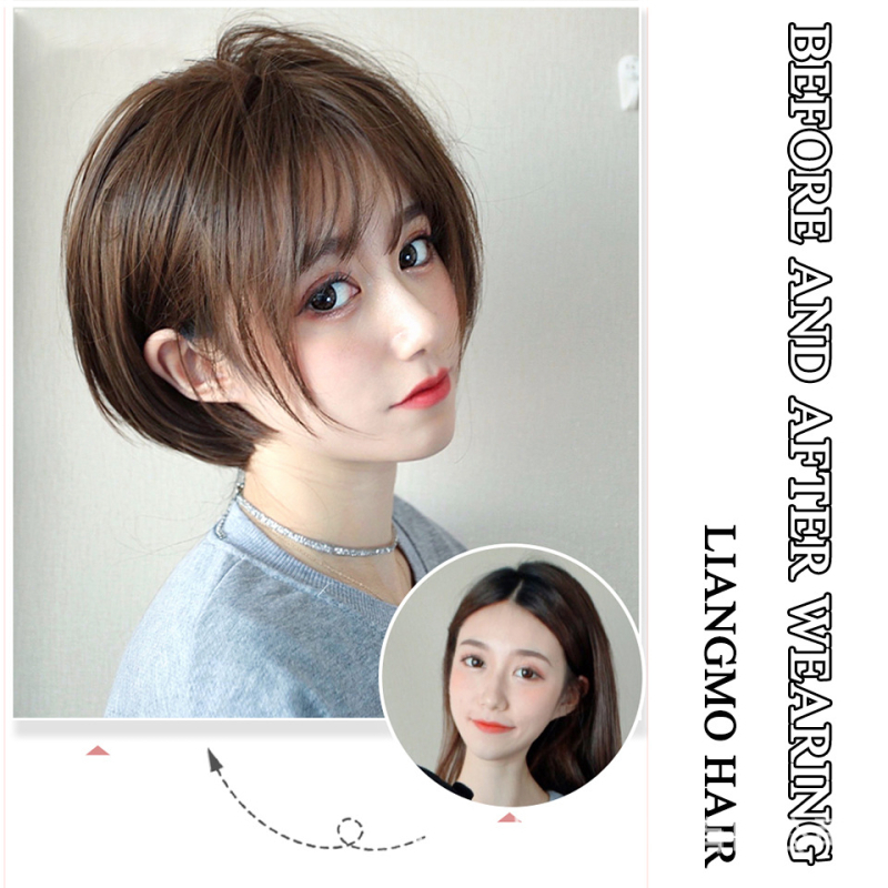 Perucă pentru păr scurt drept, AT04 model, fibre rezistente la temperatură, breton Qi, proces mecanic