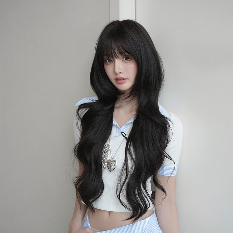 Perucă lungă bucle din fibre sintetice rezistente la temperatură înaltă | Procesare mecanică • Model C-0531 • Franjuri drepte sau înclinate • Pufoasă și naturală