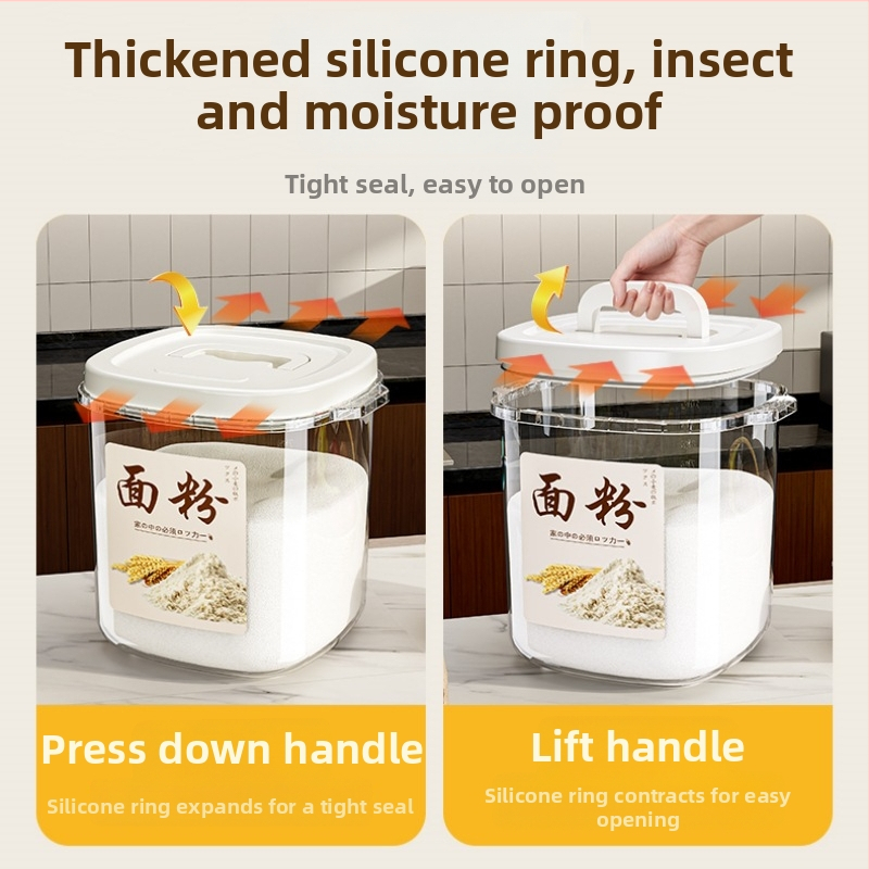 Container depozitare orez, sigilat, rezistent la umezeală și insecte, din plastic PP, capacitate 10 L sau mai mare, design modern minimalist