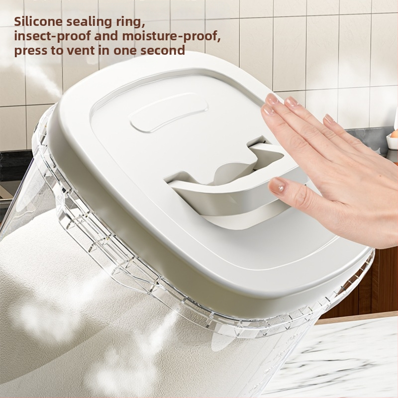 Container depozitare orez, sigilat, rezistent la umezeală și insecte, din plastic PP, capacitate 10 L sau mai mare, design modern minimalist