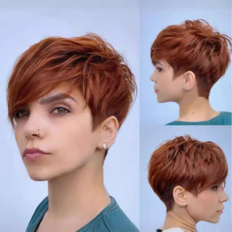 BeautyWorks DZ0707 Perucă Pixie – breton oblic, fibre rezistente la temperatură, pufoasă, acoperire completă a scalpului