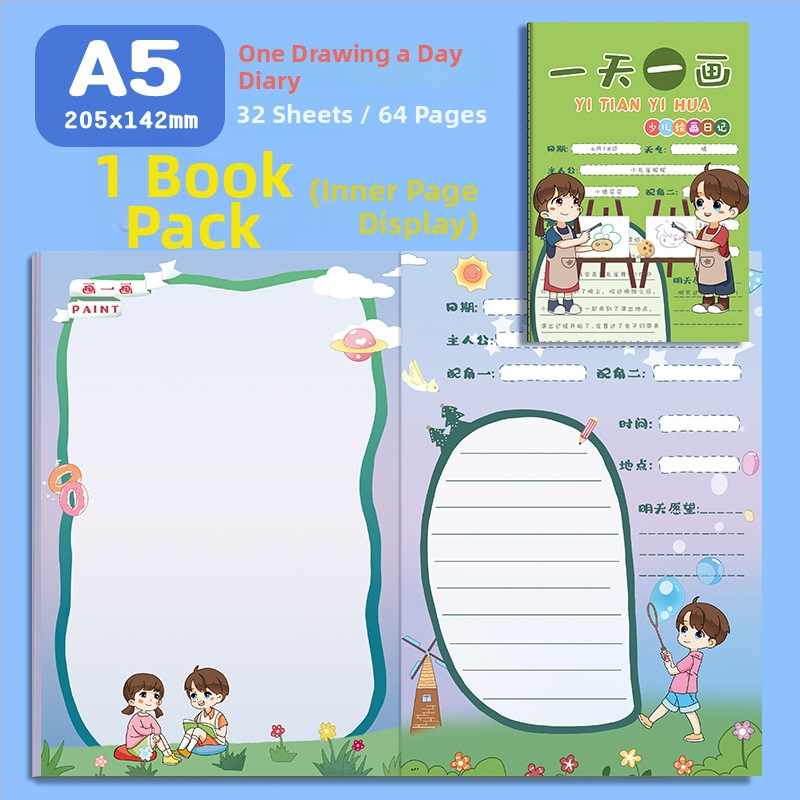 Caiet pentru copii — jurnal drăguț de desen și scriere cu ilustrații drăguțe; 32 pagini, hârtie 80 gsm din pulpă brută de lemn, legare tip French fold, stil japonez-coreean drăguț