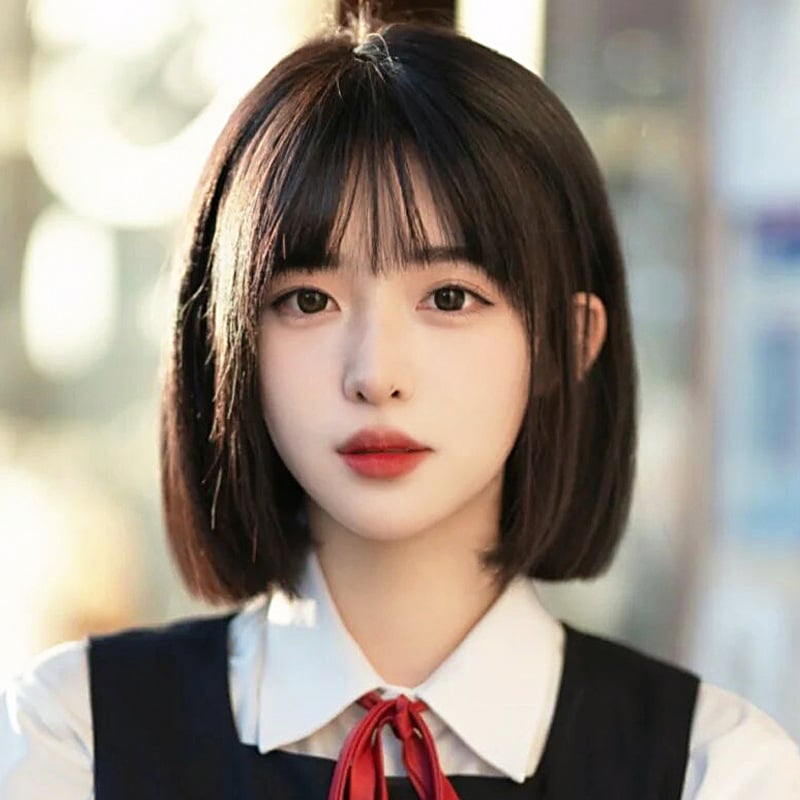 Perucă: păr scurt drept, bretoni aerieni, fibre rezistente la căldură, model K124