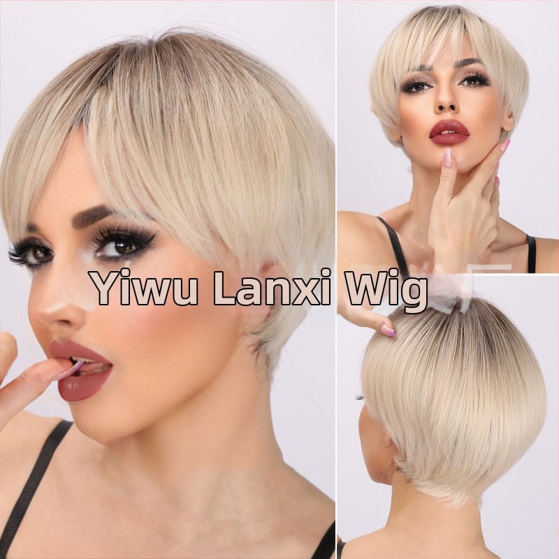 Perucă păr scurt drept cu breton înclinat pentru femei • fibre sintetice rezistente la temperatură • poate fi vopsită • model SM166-1