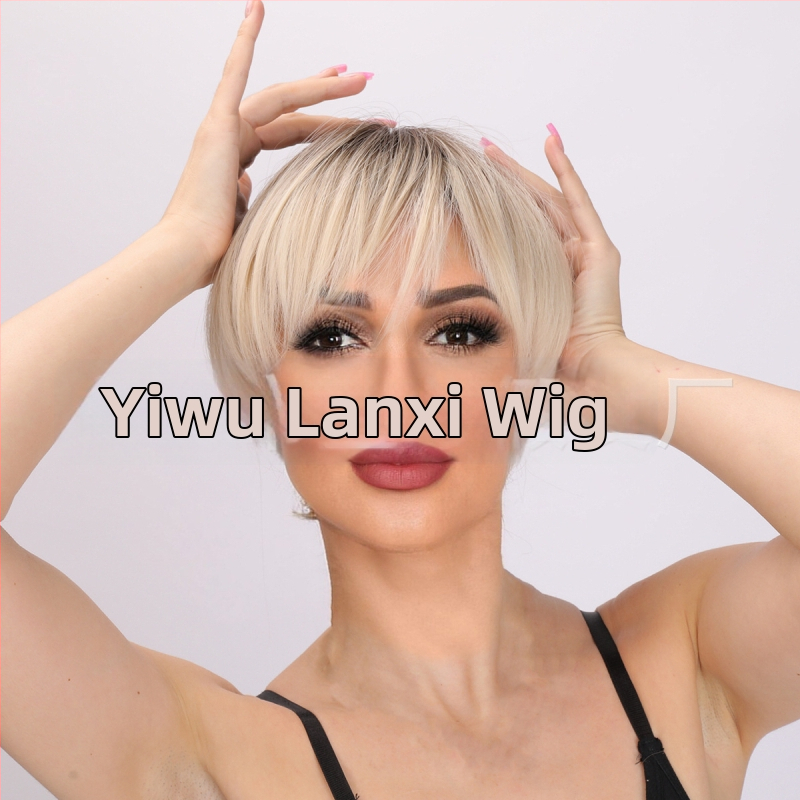 Perucă păr scurt drept cu breton înclinat pentru femei • fibre sintetice rezistente la temperatură • poate fi vopsită • model SM166-1