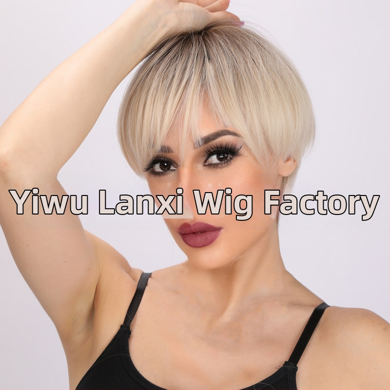 Perucă păr scurt drept cu breton înclinat pentru femei • fibre sintetice rezistente la temperatură • poate fi vopsită • model SM166-1