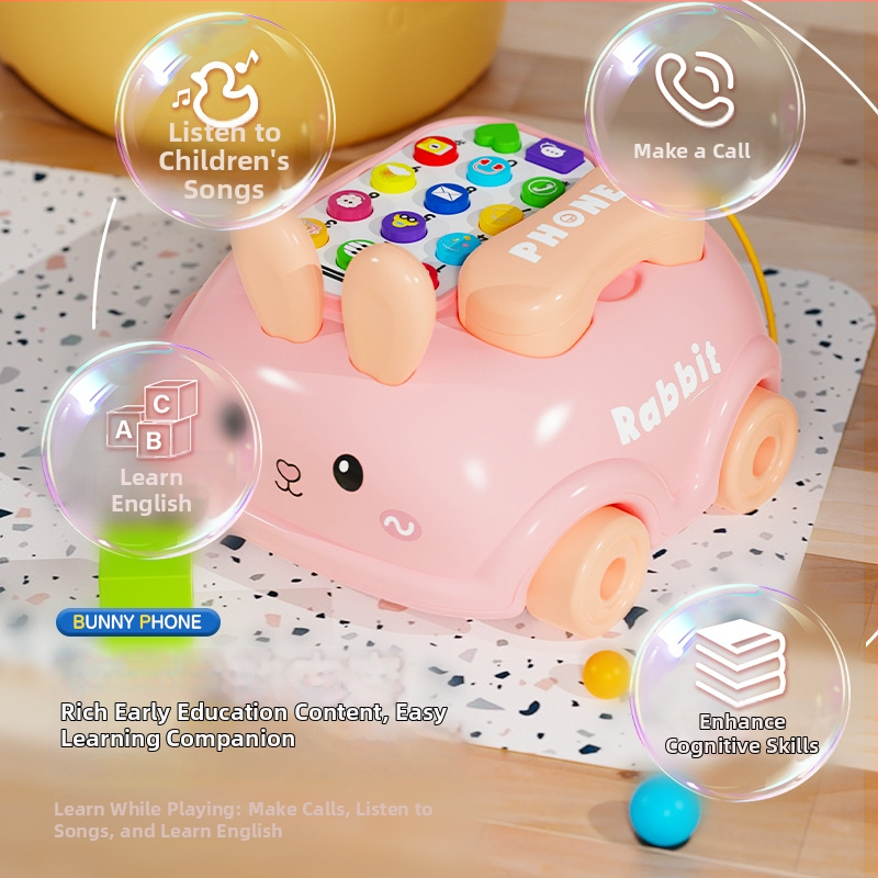 Jucărie educativă pentru copii – iepuraș telefon cu muzică și povești interactive; construcție din plastic; potrivit pentru 4–6 ani.