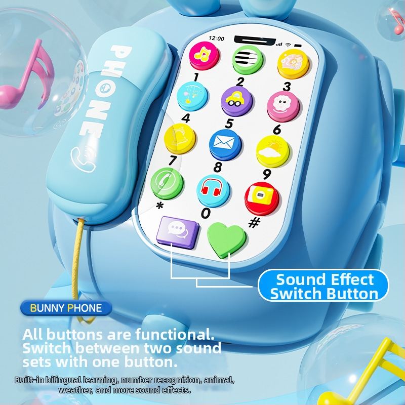 Jucărie educativă pentru copii – iepuraș telefon cu muzică și povești interactive; construcție din plastic; potrivit pentru 4–6 ani.