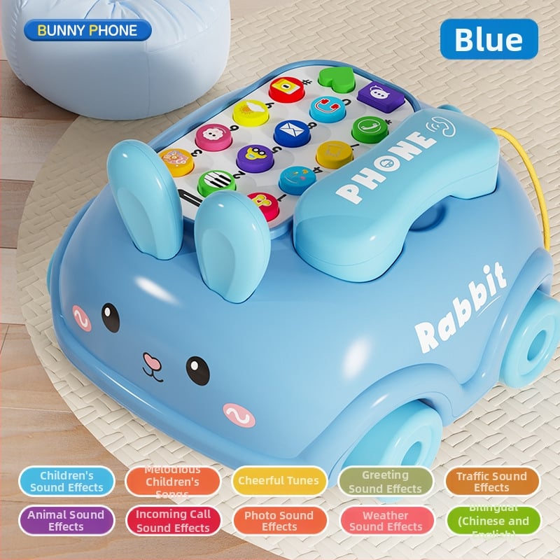 Jucărie educativă pentru copii – iepuraș telefon cu muzică și povești interactive; construcție din plastic; potrivit pentru 4–6 ani.