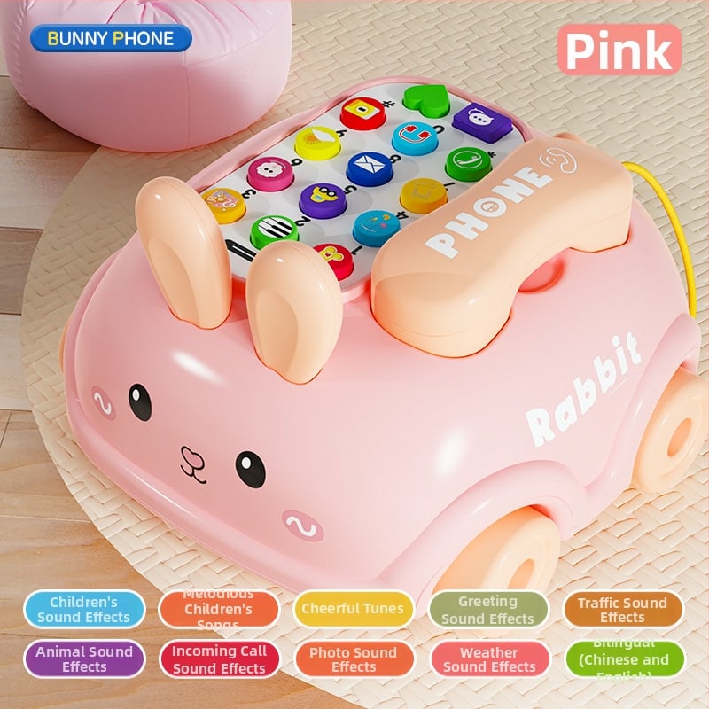 Jucărie educativă pentru copii – iepuraș telefon cu muzică și povești interactive; construcție din plastic; potrivit pentru 4–6 ani.