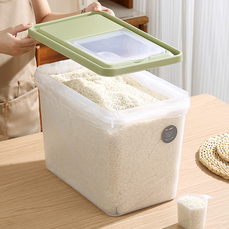 Recipient transparent pentru depozitarea orezului cu capac – plastic PP, capacitate 10L, rezistență la umezeală, protecție împotriva insectelor și prafului, design modern minimalist