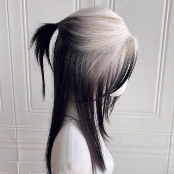 DM46 Perucă: perucă mullet cu coadă de lup, breton oblic, păr scurt drept, fibre rezistente la temperaturi înalte, construcție mecanică