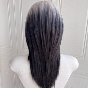 DM46 Perucă: perucă mullet cu coadă de lup, breton oblic, păr scurt drept, fibre rezistente la temperaturi înalte, construcție mecanică