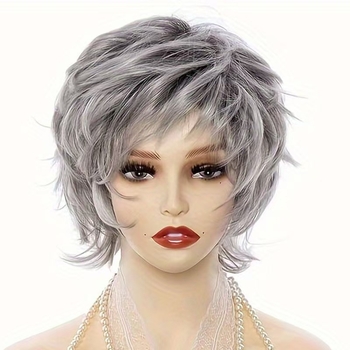 Perucă scurtă pentru femei cu gradient în straturi – fibre rezistente la temperatură înaltă, breton înclinat, pentru uz zilnic și spectacole