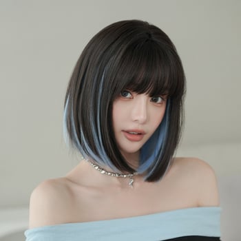 Perucă scurtă, dreaptă, cu fibre sintetice rezistente la temperatură, model D-123-3, perucă completă, breton: drept sau înclinat