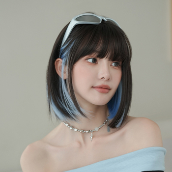 Perucă scurtă, dreaptă, cu fibre sintetice rezistente la temperatură, model D-123-3, perucă completă, breton: drept sau înclinat